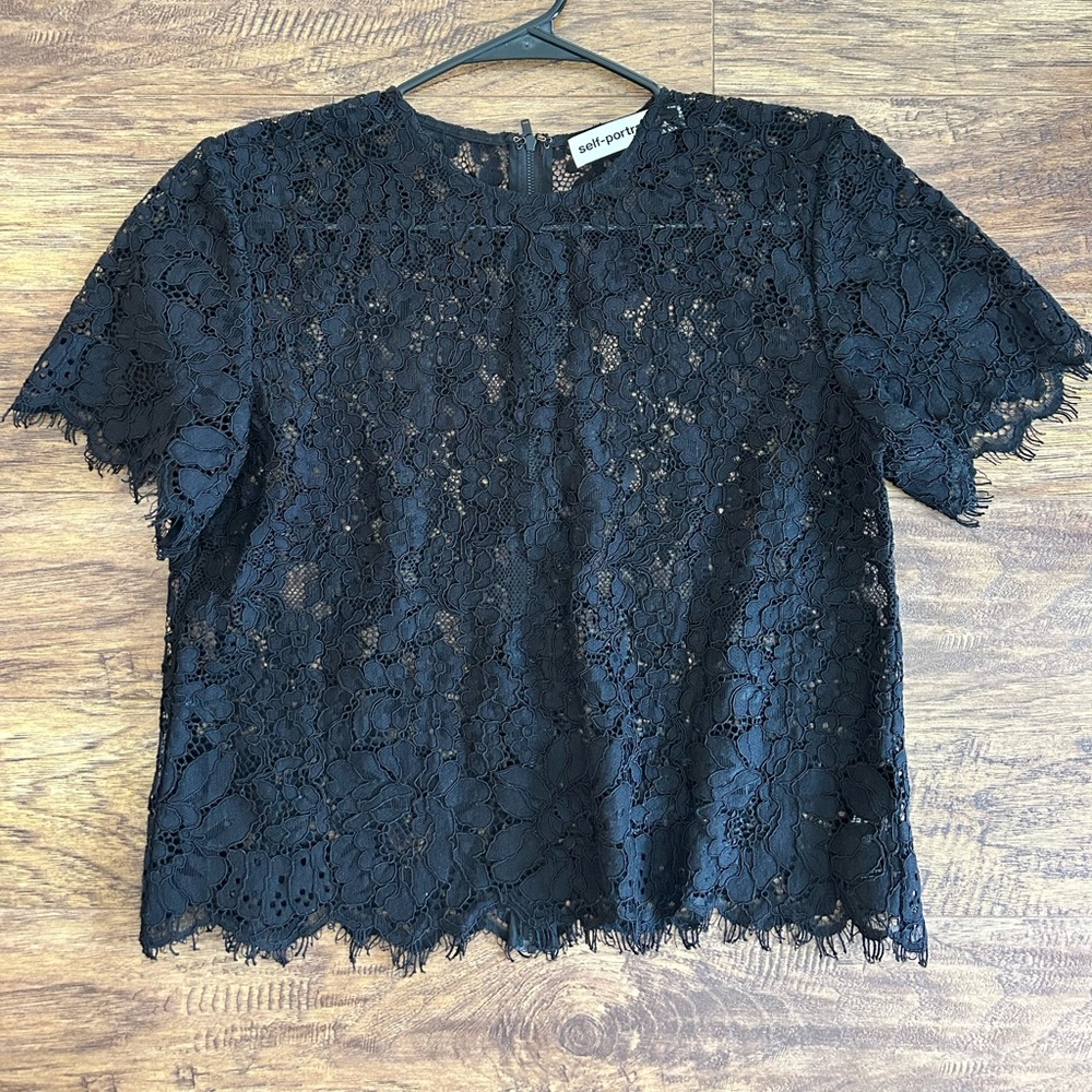 Self-Portrait Black Lace Short Sleeve Top Size 6